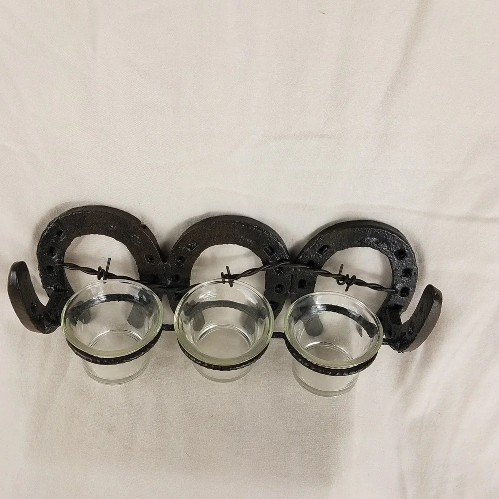 Rustic‎ Horseshoe Barbed Wire Votive Candle Holder 3 Glass Cups Western Decor